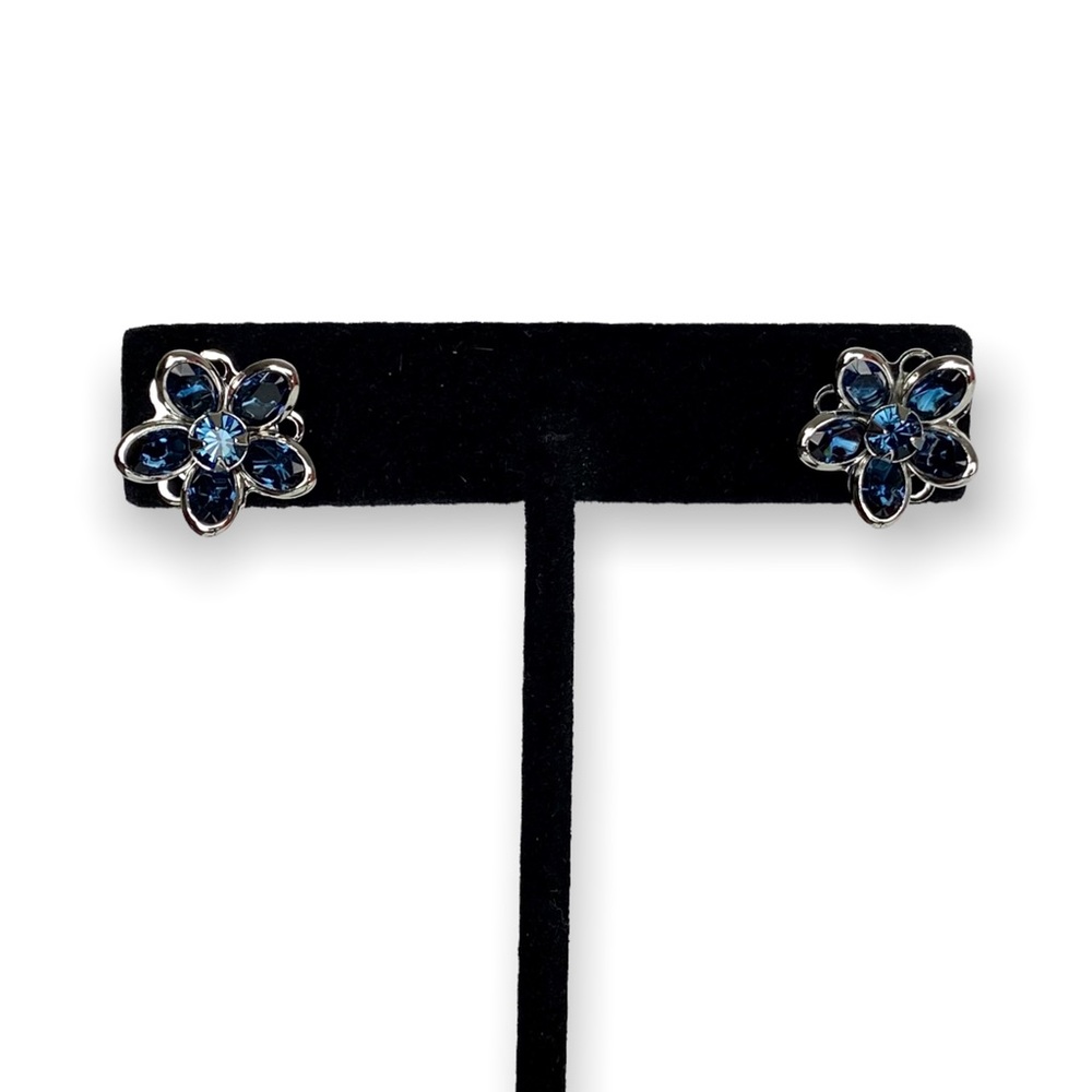 Swarovski Crystal Blue Flower Petal Post Earrings Silver Overlay
